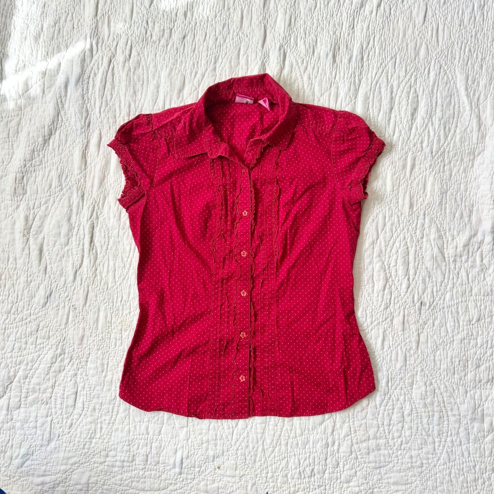 Vintage 2000s Red Polka Dot Ruffle Button Up Cap Sleeve Blouse Medium